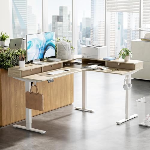 Image of CubiCubi 63x48 Inches L Shaped Standing Desk with 3 Drawers and Monitor Shelf, Height Adjustable Corner Computer Desk with Hooks, Sit Stand Up Ergonomic Home Office Workstation Table, Light Walnut