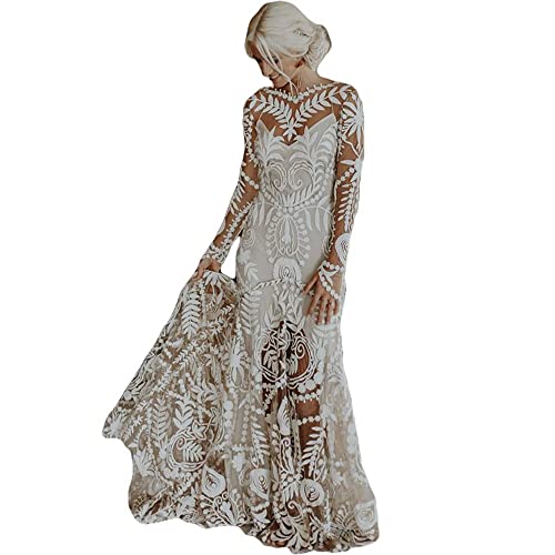 Boho Wedding Dresses Unique Lace Long Sleeve Beach Vintage Two Pieces Outdoorsy Wedding Gowns(White Lining,M) #TOP5