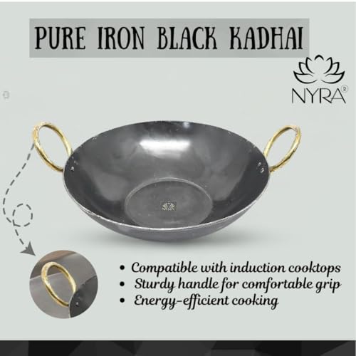 Image of NYRA PureTraditional Black Iron Kadhai for Cooking | Induction Compatible | Heavy Base | Loha Kadai Lokhand /Lokhandi with Handle (Medium)