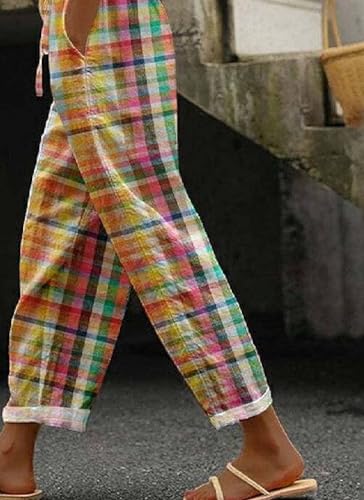 Women's Striped Gingham Harem Pants Summer Casual Loose Drawstring Plaid Trousers Beach Travel Bottoms with Pockets4