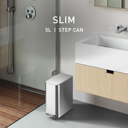 simplehuman-Slim-Step-Can-5L-13-Gallon-Compact-Bathroom-Trash-Can-Liner-Pocket-Sleek-Internal-Hinge-150000-Step-All-Steel-Pedal-Lid-Shox-Silent-Close-Brushed-Stainless-Steel