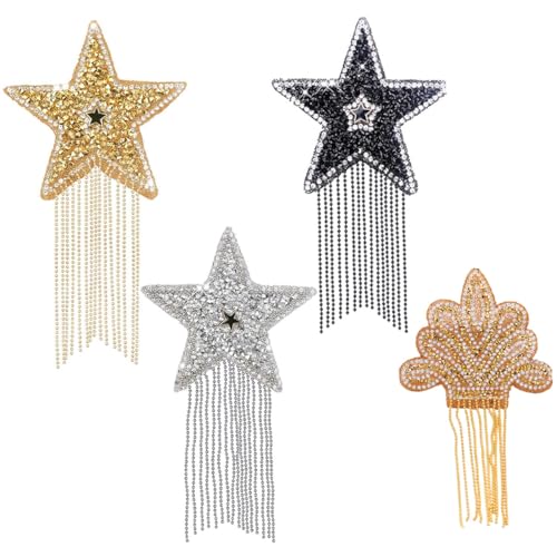 Iron on Patches DIY Rhinestone Star Applique Repair Patch for Clothes Dress Pants Jeans Hats Bags Clothing Embellishment (2 Gold Stars+2 Silver Stars)