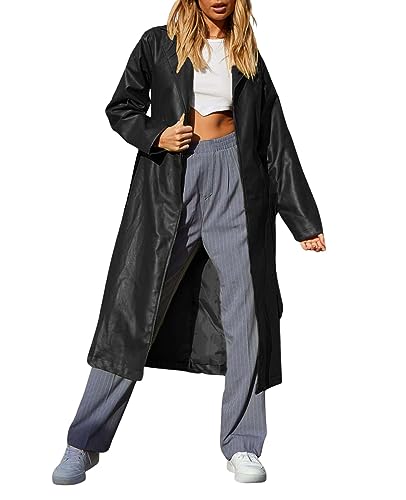 Women's Casual PU Leather Long Jacket Lapel Open Front Trench Coat with Belt
