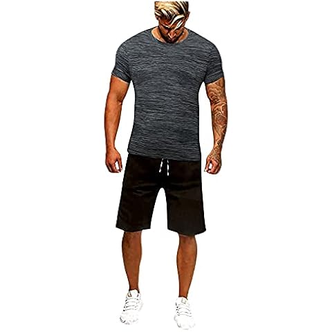 SmallYin Trainingsanzug Herren Jogginganzug Tshirt+Sporthose Set Sportanzug 2-Teiliges Outfit,Sport Kurzarm StreifenspleißEn Suit Sommer Freizeit Kurze,MäNner Freizeitanzug Hosen Fahrradhose Sporthose Cover