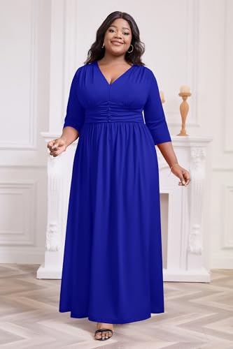Image of Runwind Plus Size Maxi Dress 3 /4 Sleeve V-Neck Pleated Faux Buttons Pockets