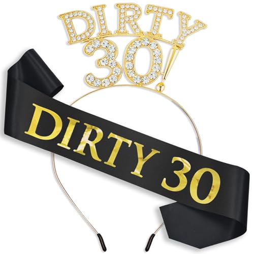 Fenyor7i Dirty 30 Birthday Sash and Crown for Her Gold Rhinestone 30th Birthday Crown & Black 30th Birthday Sash for Women | Dirty Thirty Accessory for Her Party Set
