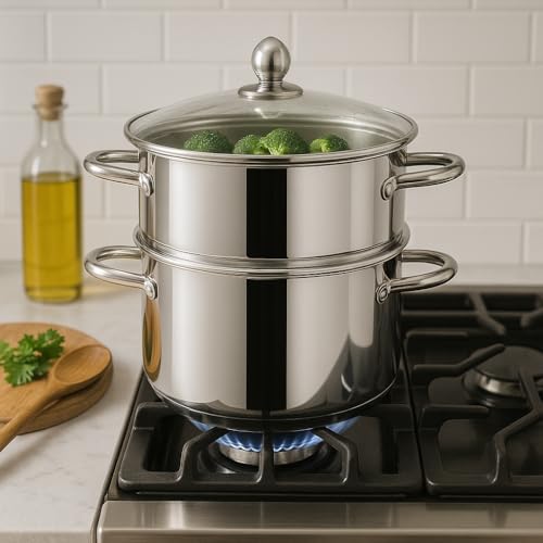 Image of Pigeon Elantra Stainless Steel 2 Tier Steamer Pot Set with Glass Lid | Pasta Steamer Momo /Modak Maker | Vegetable Steamer | Rice Steamer (22cm)|Capsulated Induction Bottom|ISI Certified.