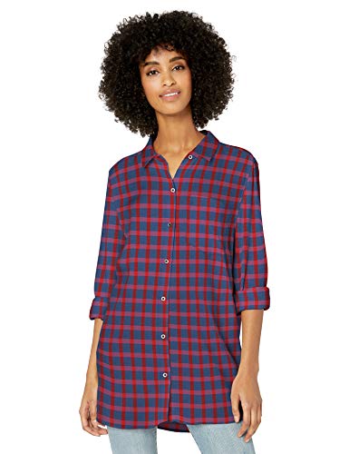 Amazon Brand - Goodthreads Women's Modal Twill Long-Sleeve Button-Front Tunic Shirt, Blue/Red Plaid , XX-Large