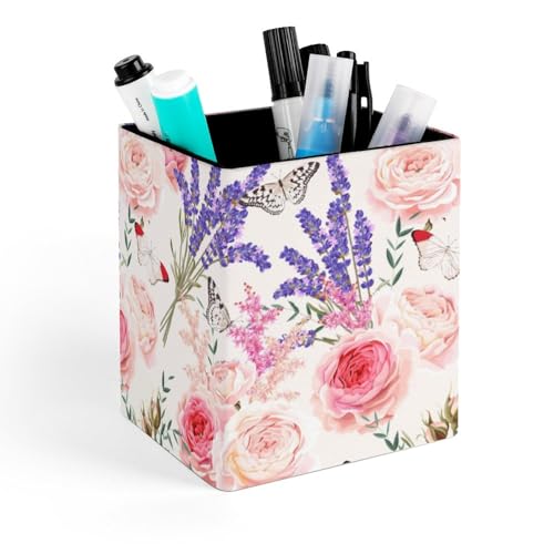 Quteprint Portalápices cuadrado, diseño de mariposas, lavanda, rosas, flores, para escritorio, organizador de bolígrafos de oficina, accesorios de escritorio, soporte para brochas de maquillaje para