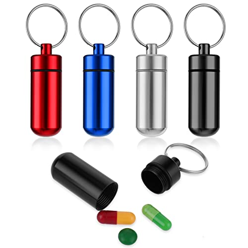 Sibba 4 PCS Keychain Pill Holder Organizer Portable Keyring Container Case Pocket Box Tablets Bottle Time Reminder First Aid Bag Daily Travel Metal Tube Medicine Subpacked Waterproof Sealed Dispenser