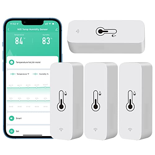 PHOVOLT WiFi Hygrometer Thermometer sensor for home, Indoor Outdoor Wireless Temperature Humidity Sensor Monitor with Remote App Notification Alert, Work with Tuya app, for Home Greenhouse (4-Pack)