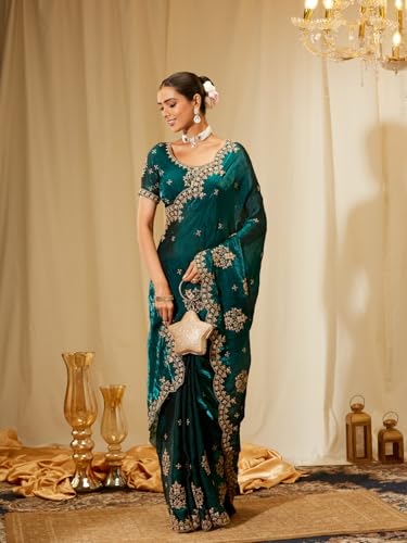 Image of Kasee Women's Bottle Green Floral Embroidered Silk Blend Saree with Rich Zari Border and Unstitched Blouse Piece