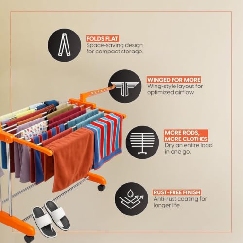 Image of HOUZA Stainless Steel Clothes Drying Stand | 1 Layer Foldable Cloth Dryer Stand with Wheels | 2 Foldable Wings - Orange