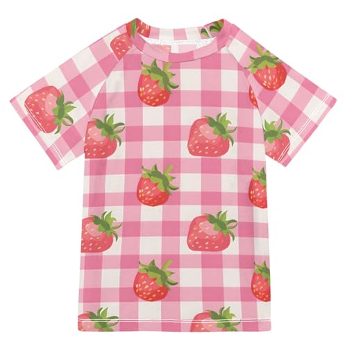 ALAZA Boys Swim Shirts Toddler Rash Guard Short Sleeve Rashguard Strawberry Pink Checkered UPF 50+ 11-12T