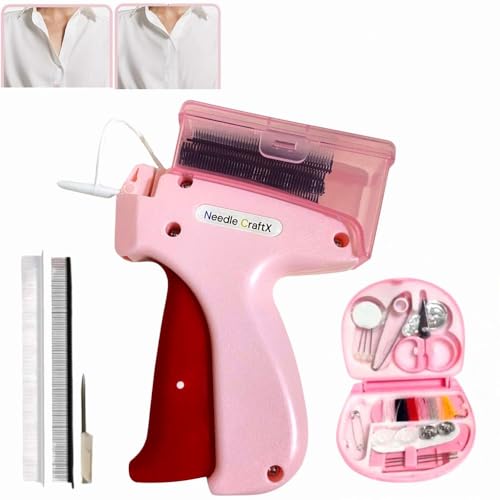 Needle Craft X Quick Stitch Sewing Gun for Clothes – Mini Stitch Gun, Includes Sewing Kit, different sizes of Sewing Needles, Tagging Gun Perfect for Quilting, Hemming, and Clothing Fixes (Pink)