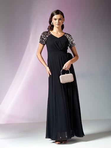 Image of Miss Chase Women's Round Neck Sleeve Embellished Fit Flare Maxi Dress