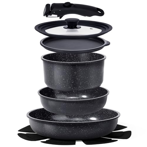Gipp Batterie De Cuisine 8 PièCes- Poêle 24/28 cm, Casserole 22cm- Poele Induction CéRamique AntiadhéSive, Poignee amovible, Empilable et Lavable...