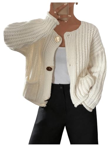 MakeMeChic Women's Button Down Cardigan Sweater Long Sleeve Knitwear with Pockets