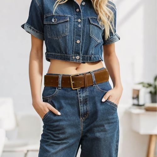 Women Wide Belt for Dresses Western Leather Belts Chunky Suede Belt with Gold Buckle2