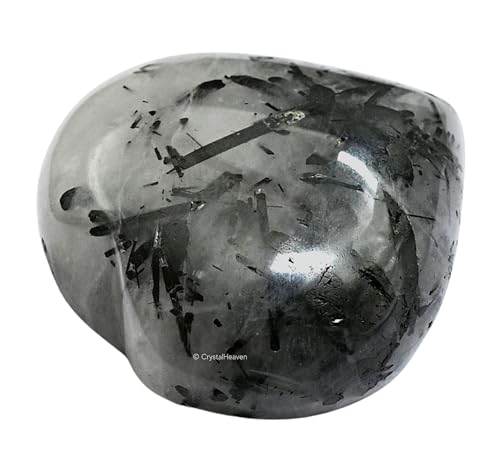 Image of Certified Black Rutilated Quartz Crystal Heart Palm Pebbles Stones for Anxiety Stress Relief Massage - AAA Grade Original Healing Gemstone Agate Heart Palm Stone for Yoga Meditation Spiritual