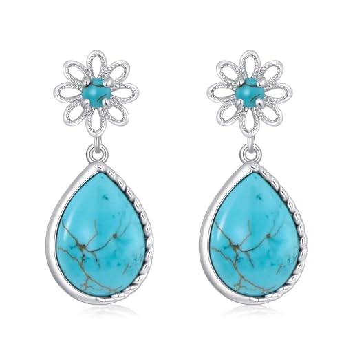 Genuine Turquoise Dangle Daisy Earrings for Women, Sterling Silver Vintage Native American Western Jewelry Teardrop Earrings