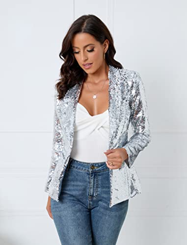 Iwfev Women's Sequins Blazer Long Sleeve Sparkle Open Front Jacket Shawl Collar Cardigan Xl Silver #TOP1