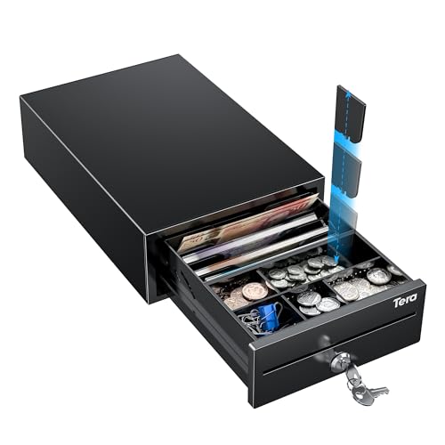 Tera 8 Mini Cash Drawer Register: 208 x 298 x 98 mm 4 Bill 6 Coin Tray with 2 Extra Dividers Auto Open 12V RJ12 Media Slot Point of Sale POS System with 2 Keys Cash Register for Small Business 208