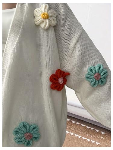 Image of MakeMeChic Women's Plus Size Appliques Flower Button Down Cardigan Sweater Long Sleeve Loose Cute Outwear White 1XL