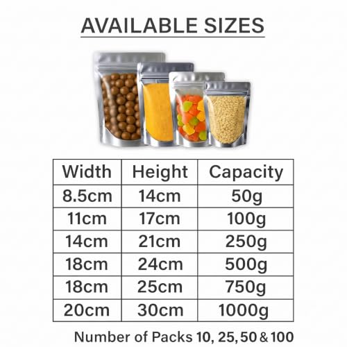 Image of Transparent Front /Silver Back Stand-Up Zipper Pouch, 14cm x 21cm, Pack of 10, Food Grade, Reusable LDPE Zip Lock Bags for Food Storage & Packaging Capacity 250g