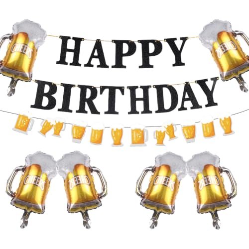 Image of ZHENGYE Black Gold Cheers Beer Themed Birthday Decor Kit Beer Foil Balloons Happy Birthday Banner Garland for 30th 40th 50th Men Women Birthday Party Supplies