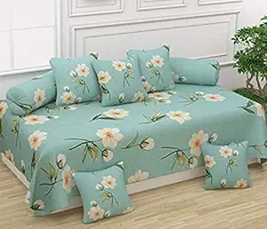 Delight Zone Prime Collection 160TC 3D Printed Supersoft Glace Cotton Diwan Set, Multicolour (1 Single Bedsheet, 2 Bolster Covers and 5 Cushion Covers) - Green with White Flowers - Gold Diwan