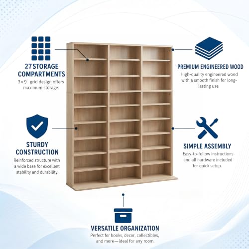 Image of Garvee 9 Tier Tall CD Display Cabinet, 27-Compartment Media Tower, Natural