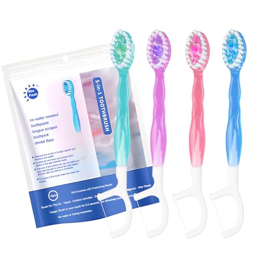 12PCS Mini Cepillo Dientes Viaje Portátil, 5 en 1 Cepillos de Dientes Desechables con Pasta, Hilo Dental, Palillo de Dientes, Raspador de Lengua, Envueltos Individualmente Cepillo de Dientes