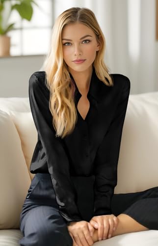 Image of Premium Soft Breathable Stretch Satin Silk Button Down Shirts for Women Long Sleeve Leopard Blouses Work Dress Tops
