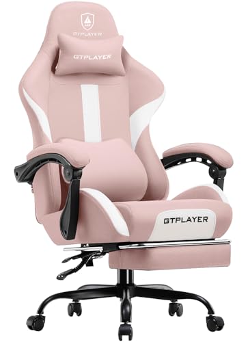GTRACING Gaming Chair with Foot Rest & Pocket Spring Cushion, Breathable Fabric for Home Office Desk, Ergonomic High Back Computer Chair with Headrest & Lumbar Support, Pink