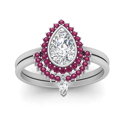 Image of 55Carat Choose Your Gemstone Bezel Pear Shape Halo CZ Diamond CZ Ring Sterling Silver Pear Shape Wedding Ring Sets Ornaments Surprise for Wife Symbol of Love Clarity Comfortable US Size 4 to 12