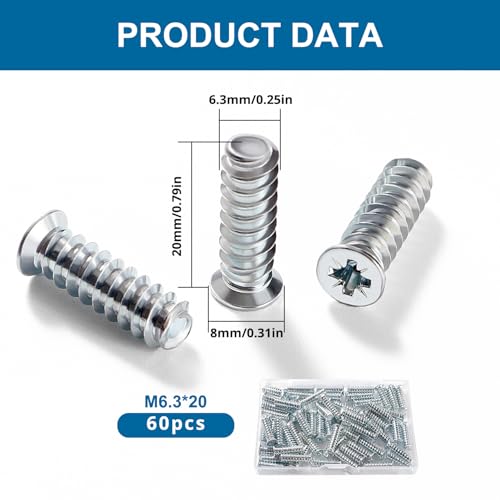 VooGenzek 60 PCS M6.3 * 20 mm Euro Screws, Countersunk Head, for Furniture Accessories Drawer Rails, Kitchen Cabinets, Doors - Image 2