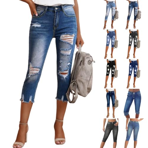 Capri Jeans for Women High Waisted Skinny Ripped Jeans Stretchy Distressed Denim Capris Cutoff Mom Cropped Jean