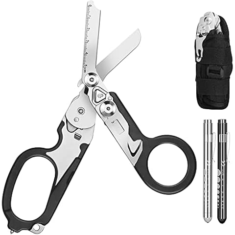 Dekeliy 6 In1 Multifunction Emergency Response Shears, Stainless Steel Foldable Trauma Shears with Strap Cutter and Glass Breaker,Medical Scissors with Holster and Penlight Cover