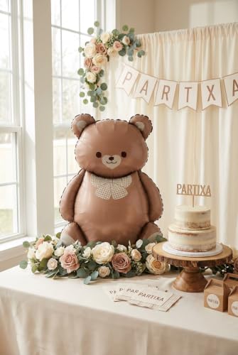 Retro Krem Fiyonklu Kahverengi Ayıcık Folyo Balon, Doğum Günü Baby Shower Ayıcık Temalı Parti Süsleme Dekorasyon Balonu