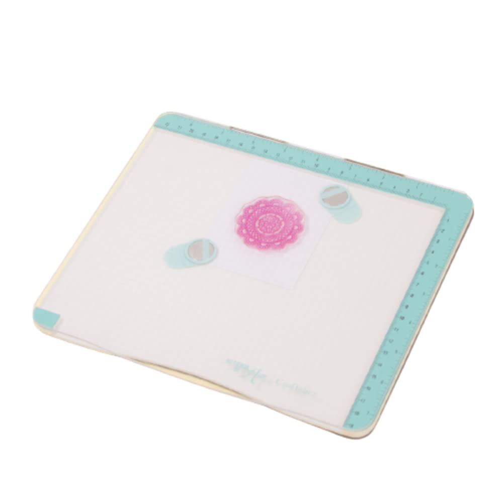 Craftelier - Rubber and Silicone Stamp Stamping Platform for Scrapbooking and Crafts | Guides in Centimeters and Inches | White and Turquoise - Size 24.5 x 22 x 1.2 cm