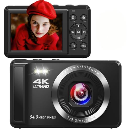 4K Digitalkamera mit 32GB TF-Karte, 64MP tragbare Kompaktkamera mit 1200mAh Batterie, USB-Kabel für Teenager