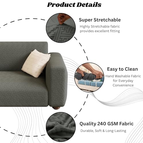 Image of Lukzer 5 Seater Pastel Dark Grey Grid Maze Pattern Sofa Cover | 240 GSM Universal Stretch Fit 3+1+1 Jacquard Fabric Couch Protector | Fully Covered Anti Slip & Washable Sofa Cover (SC-104-05)
