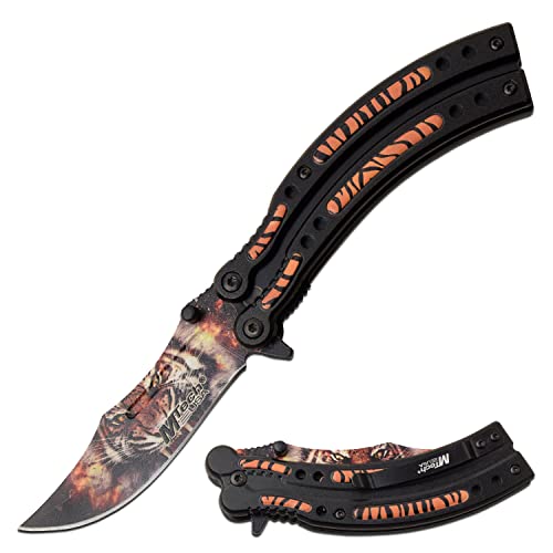 MTech USA - Spring Assisted Folding Knife - Eye of the Tiger - Stainless Steel Blade w/ Embossed Printed Tiger Design, Black Aluminum Tiger Striped Handle, Pocket Clip, Liner Lock - EDC – MT-A1122TG