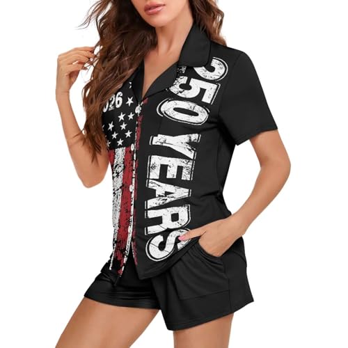 Image of Women's Short Sleeve Sleepwear Button 2 Piece Plus Size Pajamas Casual Soft Stretchy Funny Nightwear with Pockets
