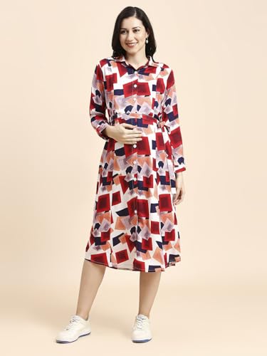 Image of MomToBe Women's Fit and Flare Calf Length Rayon Maternity Dress /Pregnancy Dress /Easy Breastfeeding Dress /Western Dress with Zippers for Nursing Pre and Post Pregnancy