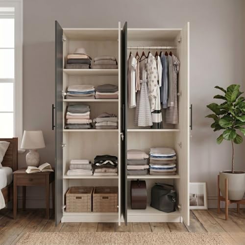 Image of FFO Tokyo 4 Door Wooden Wardrobe for Bedroom with Hanging Rod, Shelves & Lock | Modern Clothes Storage Almirah /Cabinet with Black & White Wood | Wardrobe Organizer for Clothes, Dresses DIY.
