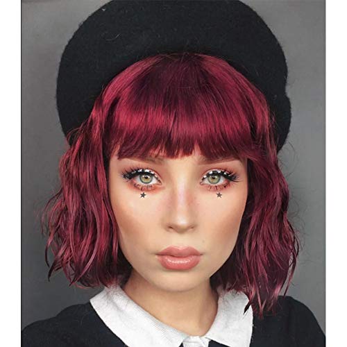 Stamped Glorious Short Wavy Bob Wig Synthetic Wine Red Color Wigs with Bangs for Women Shoulder Length Heat Resistant Fiber Wigs (Burgundy)
