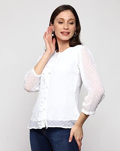Image of PRETTIFY Women's Regular Fit Solid Embroidery Georgette Waist Length, 3 /4 Sheer Sleeve, Round Neck Casual Wear Western Shirt Top for College /Office Girls