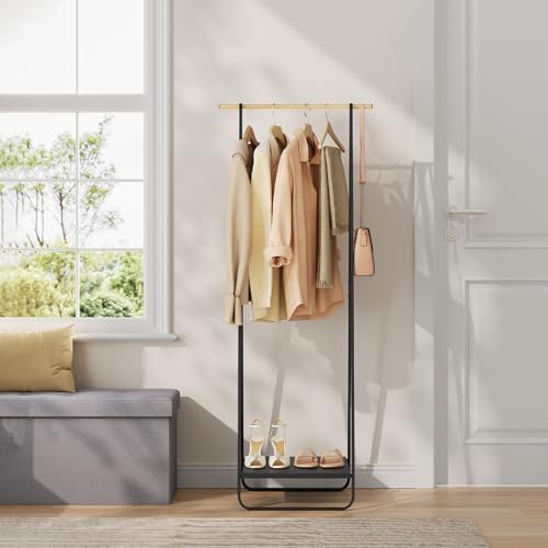 WOLTU Kleiderständer Schwarz für Schlafzimmer Garderobenständer Schmal Metall Kleiderstange mit Metallablagen ca.54x45x141cm(BxTxH)